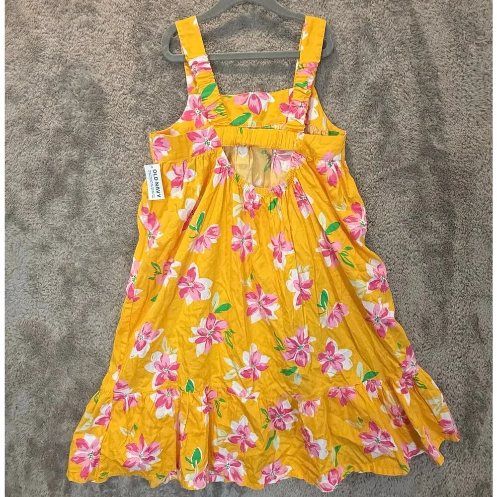 NWT Old Navy Sundress Tiered Dress Yellow Pink Floral Tropical Girls XL 14 16